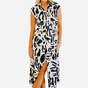 Sleeveless Black & White Abstract Midi Dress